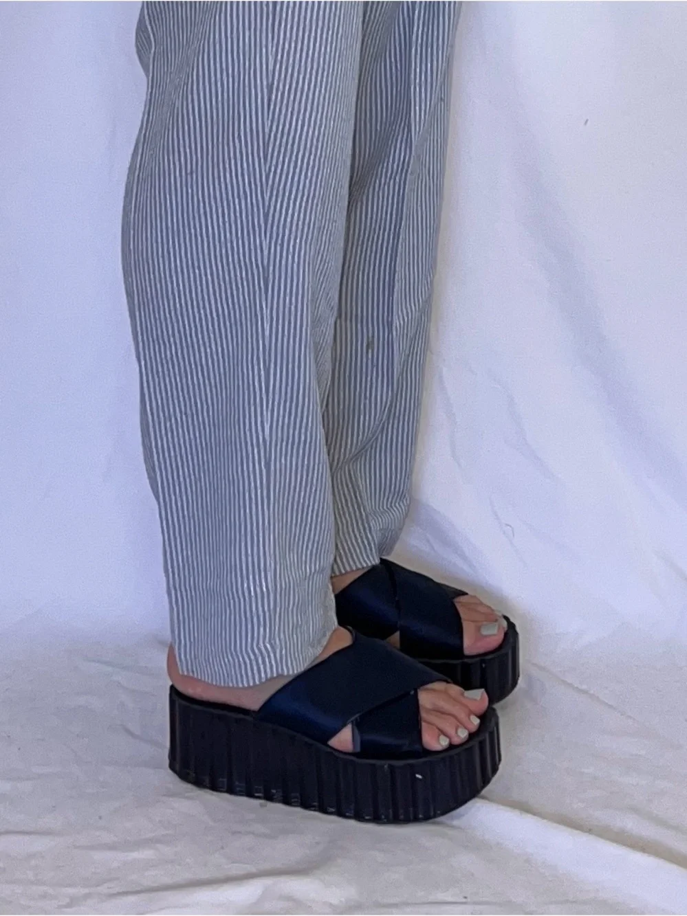 Tory Burch Satin Scalloped Platform Wedge Slide Sandals in Perfect Navy